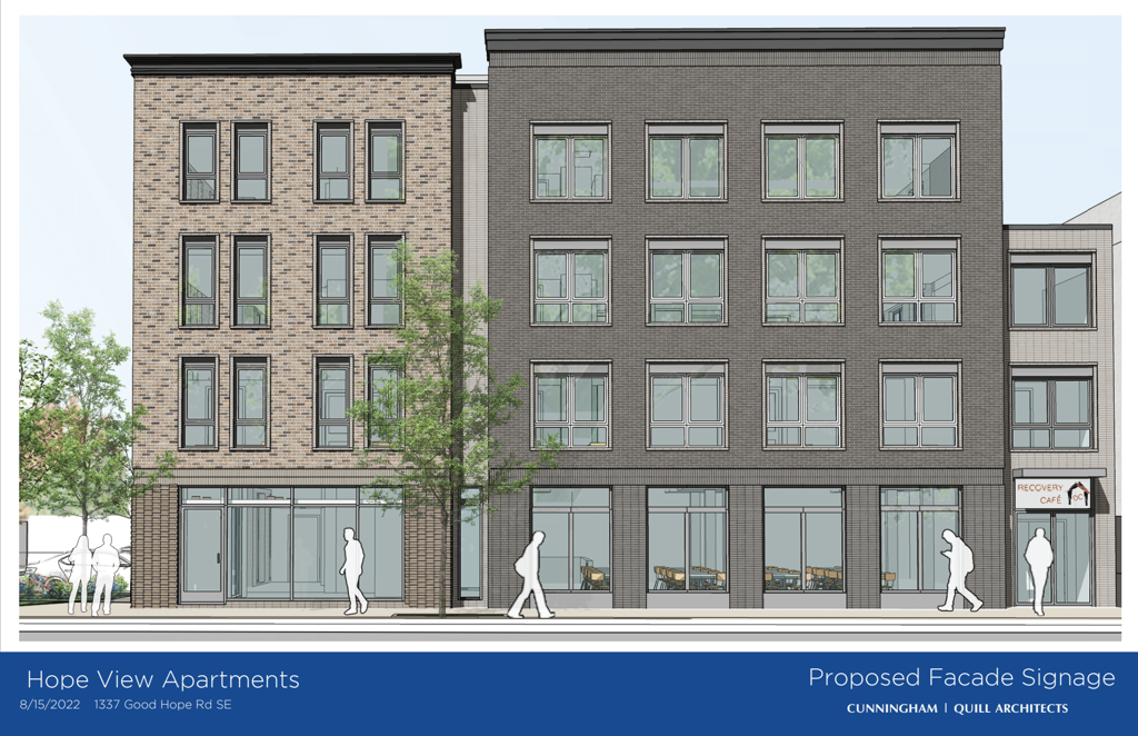 Architectural rendering of Hope View Apartments and Recovery Cafe